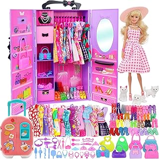 83 Pcs Dolls & Accessories with Doll Closet Wardrobe for 11.5 Inch Doll Dress Up Set Including Wardrobe Shoes Wallet Dress Hangers Brush Necklace Pet and Other Accessories (No Doll)