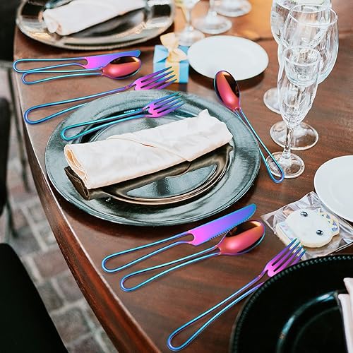 Miniatura 3 de A·HOUSEWARE - Juego de cubiertos iridiscentes con diseño hueco, 20 piezas, acero inoxidable, incluye tenedores, cucharas, cuchillos, utensilios