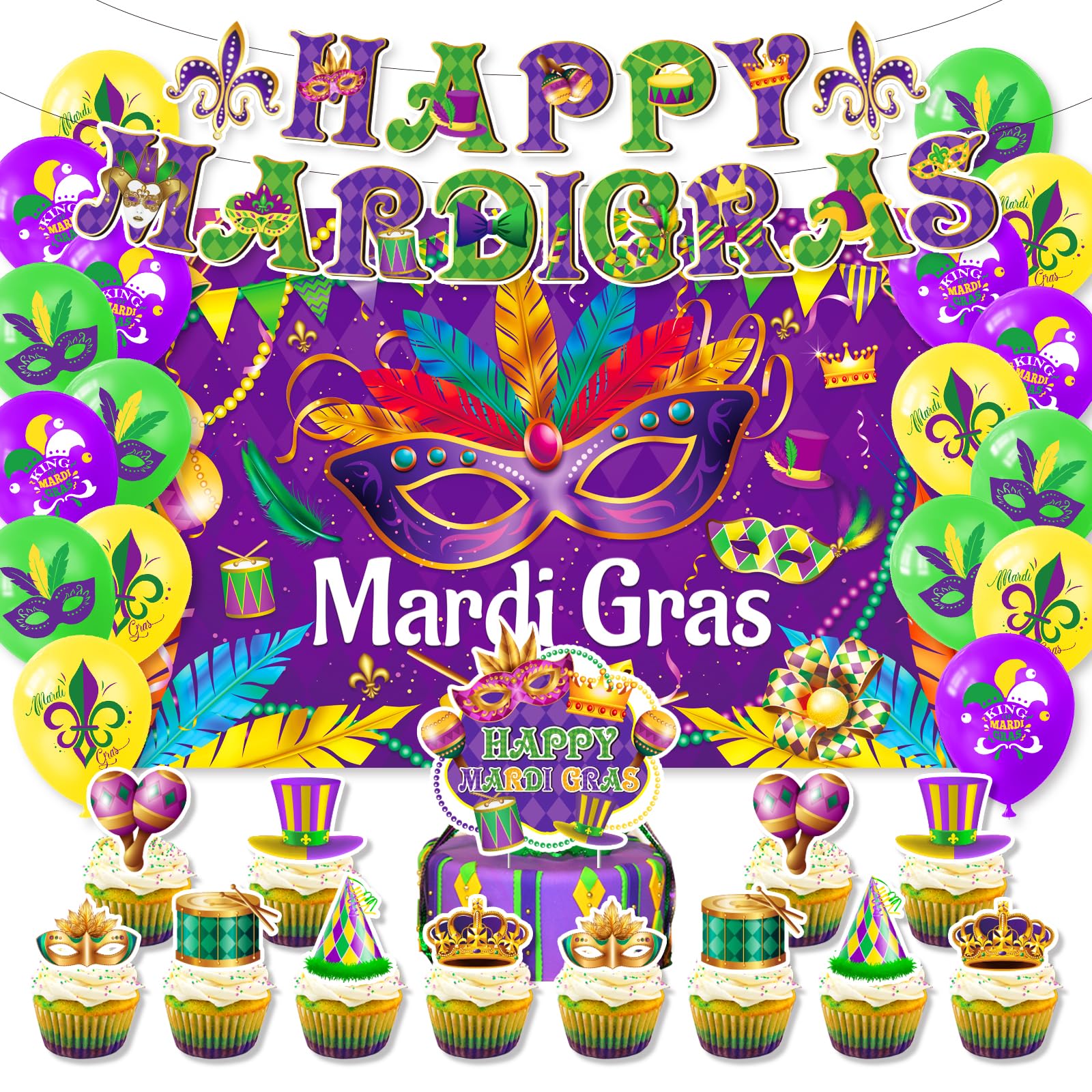 Photo 1 of (2 PACK) Mardi Gras Party Supplies Decorations Mardi Gras Backdrop Banner Cake Topper Balloons