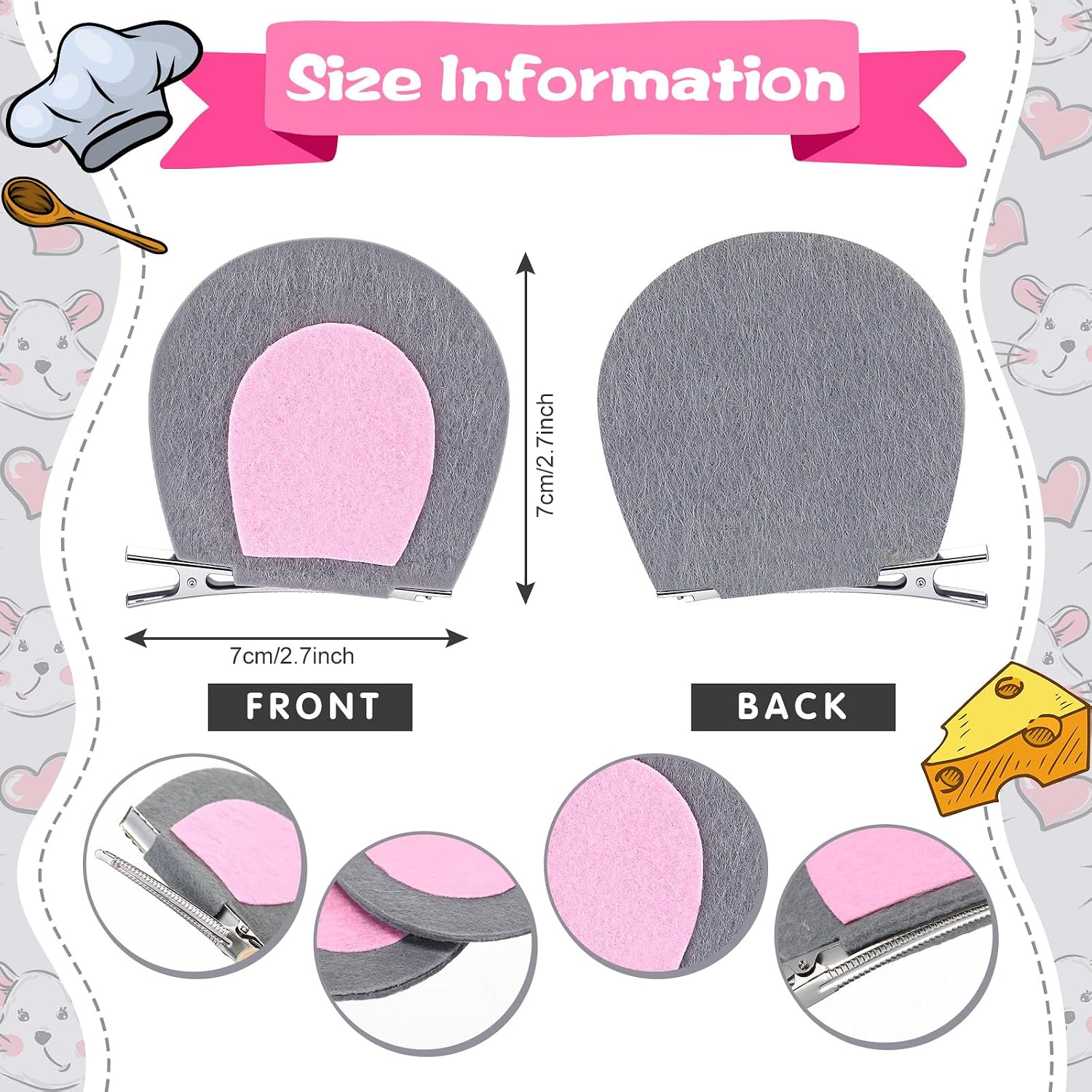 Chuangdi 1 Pair Mouse Ears Hair Clips, Halloween Costume Accessories