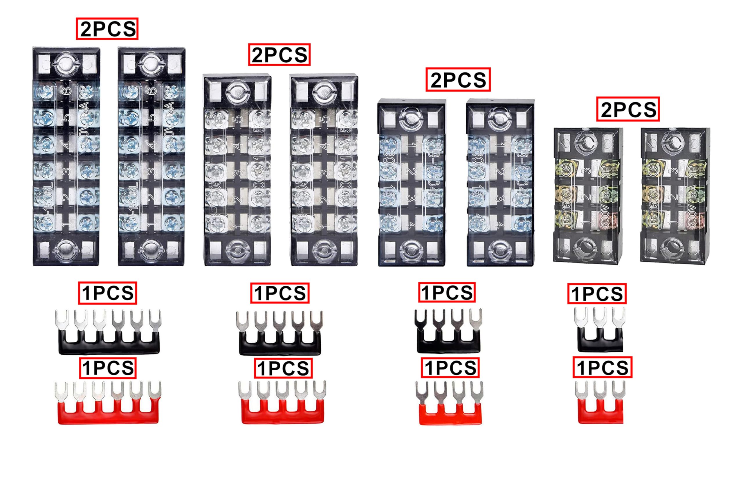 8 Pezzi Morsettiera a Vite a Doppia Fila Morsettiera 3/4/5/6 Posizioni 600V 15A+8 Pezzi Terminali Preisolati,Blocchi Connettori Elettrici con Copertura Protettiva,Rossa e Nera