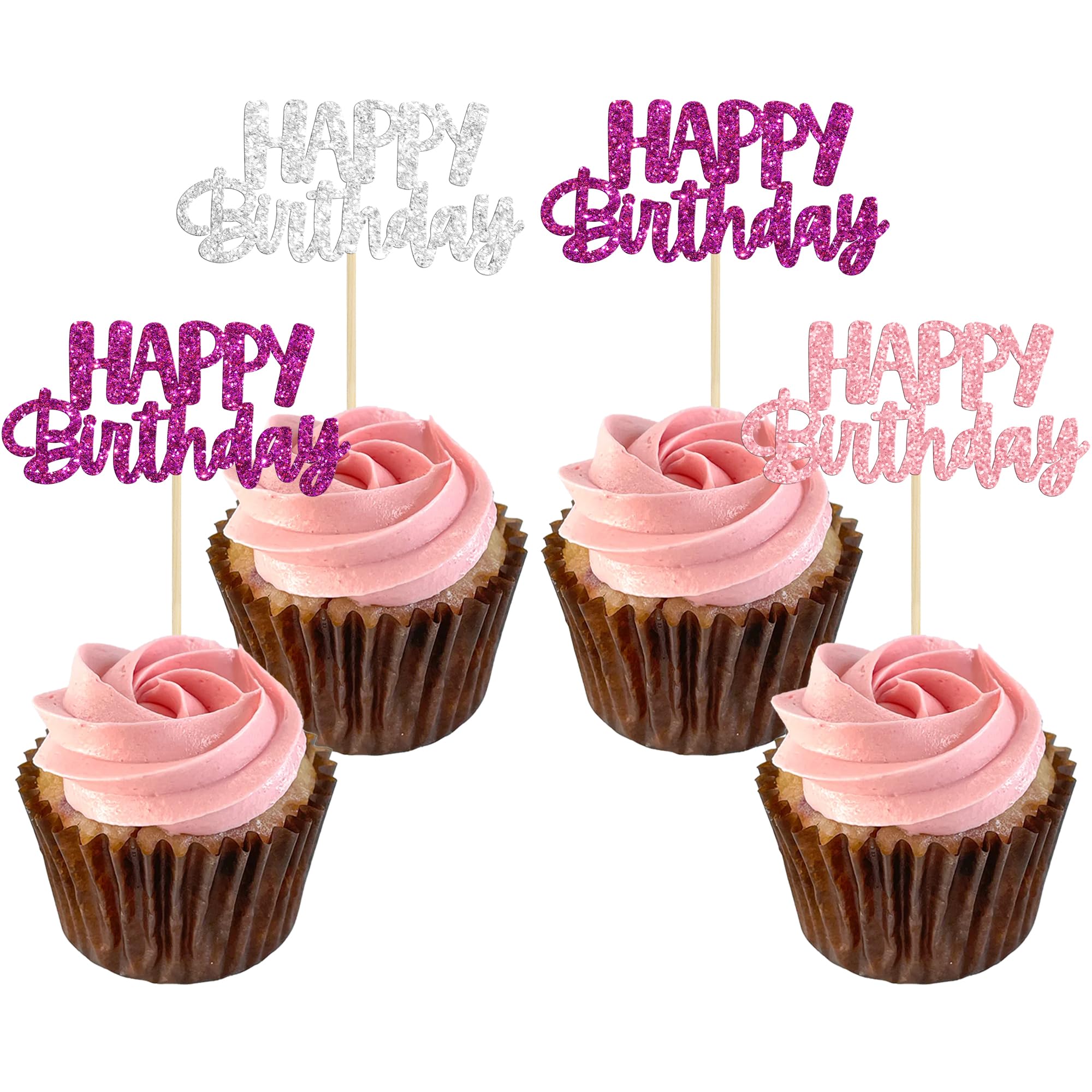 Gyufise 24Pcs Happy Birthday Cupcake Toppers Glitter Birthday Cupcake Food Picks for Celebrating Happy Hallowenn Theme Party Cake Decorations Supplies Purple White Silver — image 1