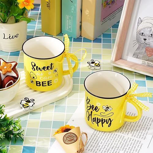 Miniatura 4 de Whaline Mini taza de café de verano con cinta a cuadros de dibujos animados, abeja, margarita, flores, color amarillo, negro, bandeja escalonada