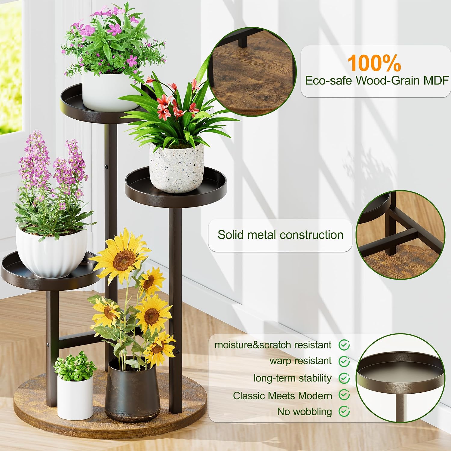 3 Tiered Tall Plant Stand for Indoor, Metal Plant Shelf Tiered Flower Pot Stands, Corner Plant Table for Patio Garden Balcony Living Room Bedroom