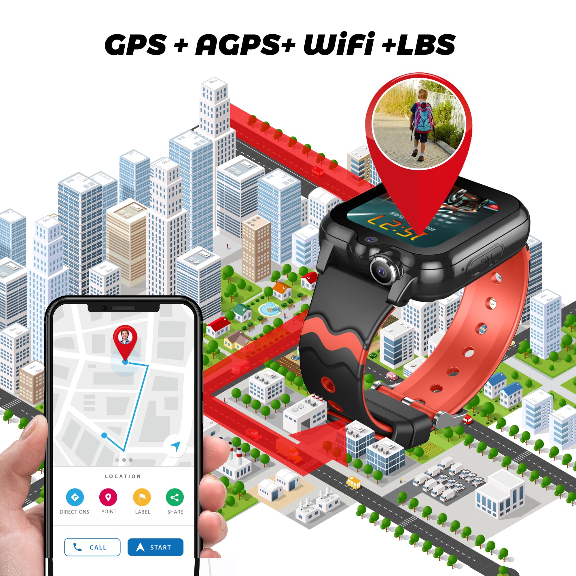 Carneedi Smartwatch Bambini GPS 4G Orologio Intelligente con WiFi Videochiamata SOS fotocamera Messaggio Modalità Classe Lettore Musicale Notifica Vibrazione Orologio Telefono per Ragazzi e Ragazze
