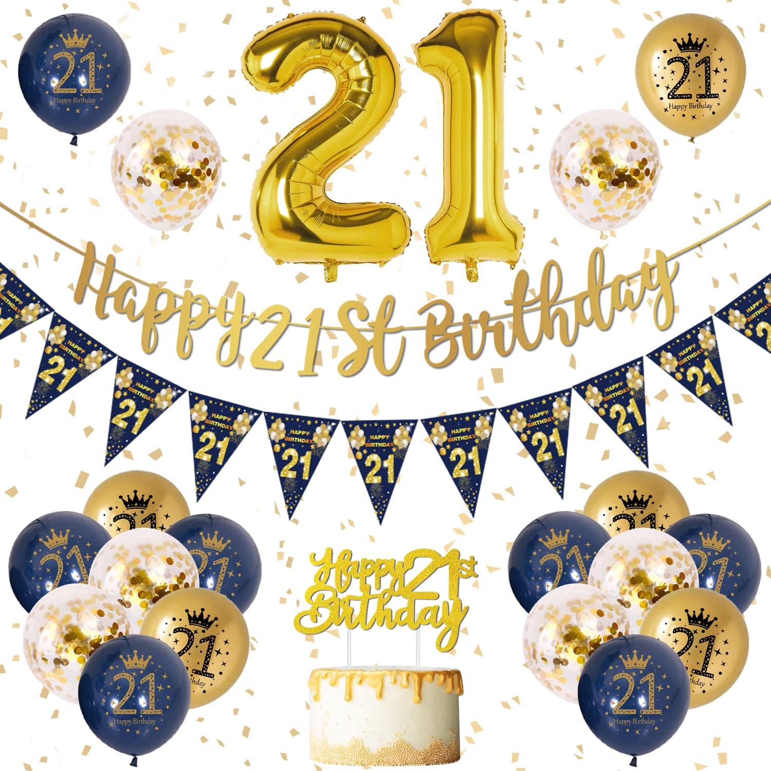 21st Birthday Decorations for Men - Blue and Gold Banner, Balloons, Navy and Gold Latex, Confetti Party Supplies