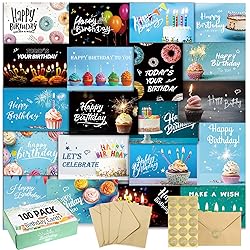 100 Happy Birthday Cards with Envelopes, 20 Unique Designs, Birthday Cards Bulk with Short Generic Message Inside, 4x6 inches, Assorted Birthday Cards Assortment for Business, Office and Personal