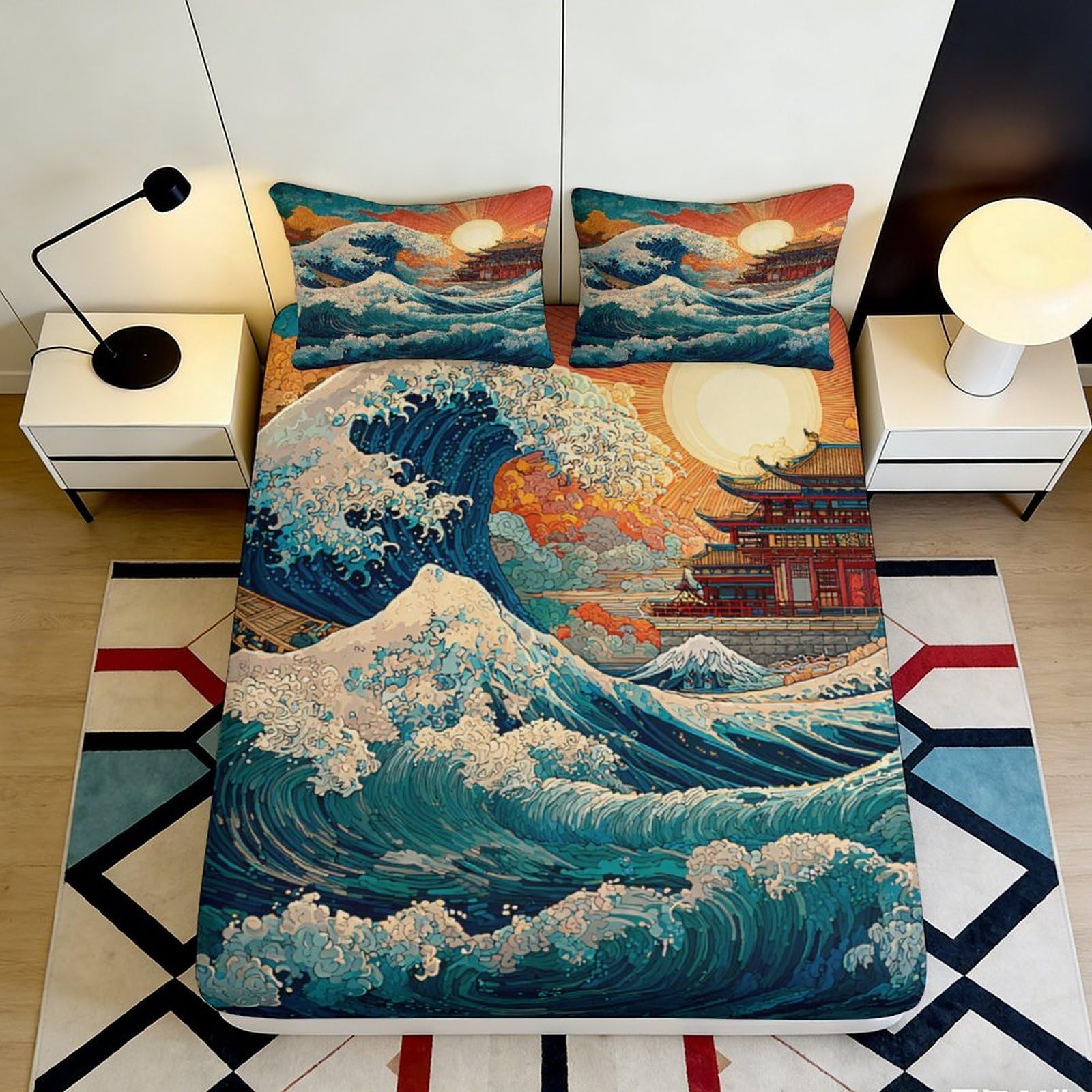 3D Printed Japanese Ocean Wave Fitted Sheet Microfiber Soft Blue Sun Pagoda Mattress Cover for Bedroom Dorm Use 200x200x25cm