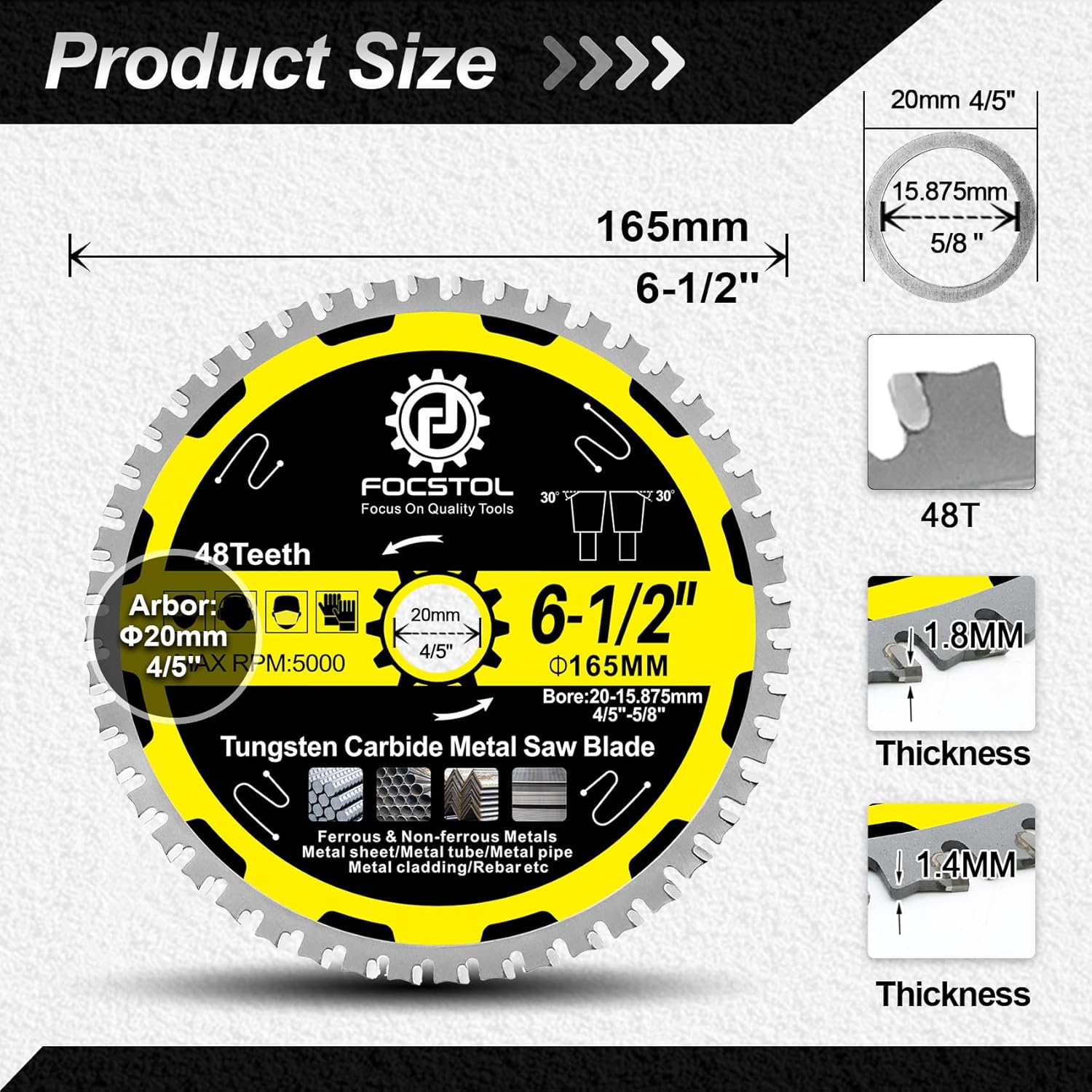 6-1/2 Inch Metal Cutting Circular Saw Blade - FOCSTOL 2pcs Tungsten Carbide Tipped Saw Blade 48T for Iron Ferrous Metals Steel Pipe Arbor 4/5 Inch x 5/8 Inch