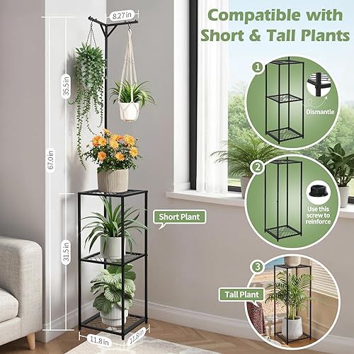 Miniatura 3 de CZWL&HG Soporte de 3 niveles para plantas colgantes para interiores y exteriores, estante de metal de 67 pulgadas de alto para 5 flores en maceta,