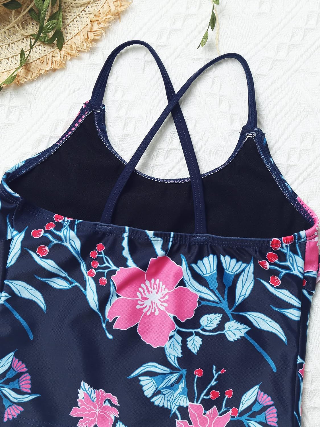 Kids Girls 2 Piece Tropical Print Tankini Sets Bathing Suit Spaghetti Strap Ruffles Hawaii Swimsuit