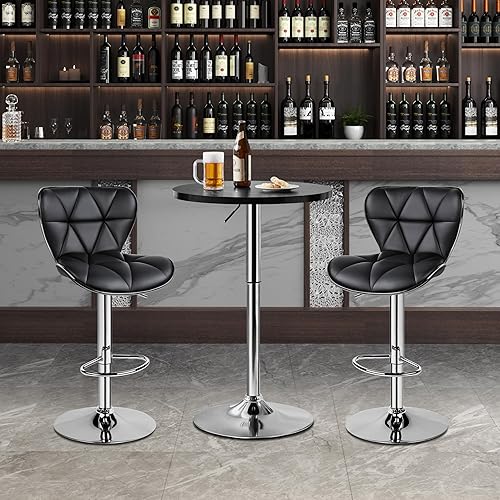 Miniatura 4 de Yaheetech Mesa de bar redonda, altura ajustable y mesas giratorias de 360, mesa de cóctel con parte superior de MDF, base de patas plateada para