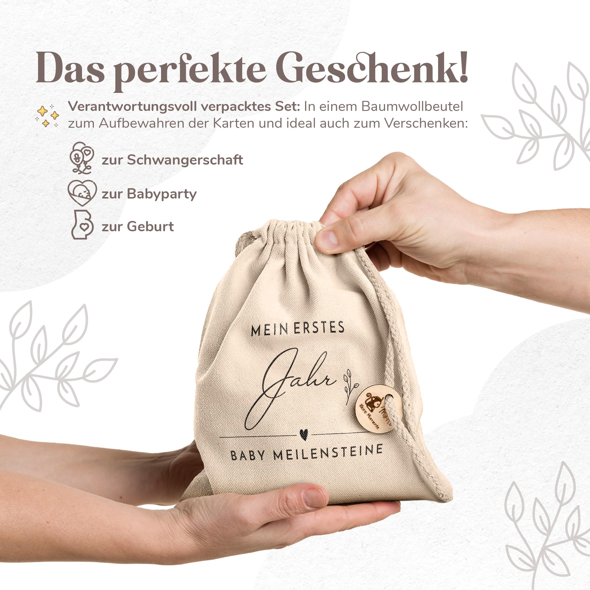 Holz Meilensteinkarten Baby auf deutsch - 30 Meilensteine auf edlen Holzscheiben als Geschenk zur Geburt/zur Babyparty für Schwangere, werdende Mütter, werdende Eltern.