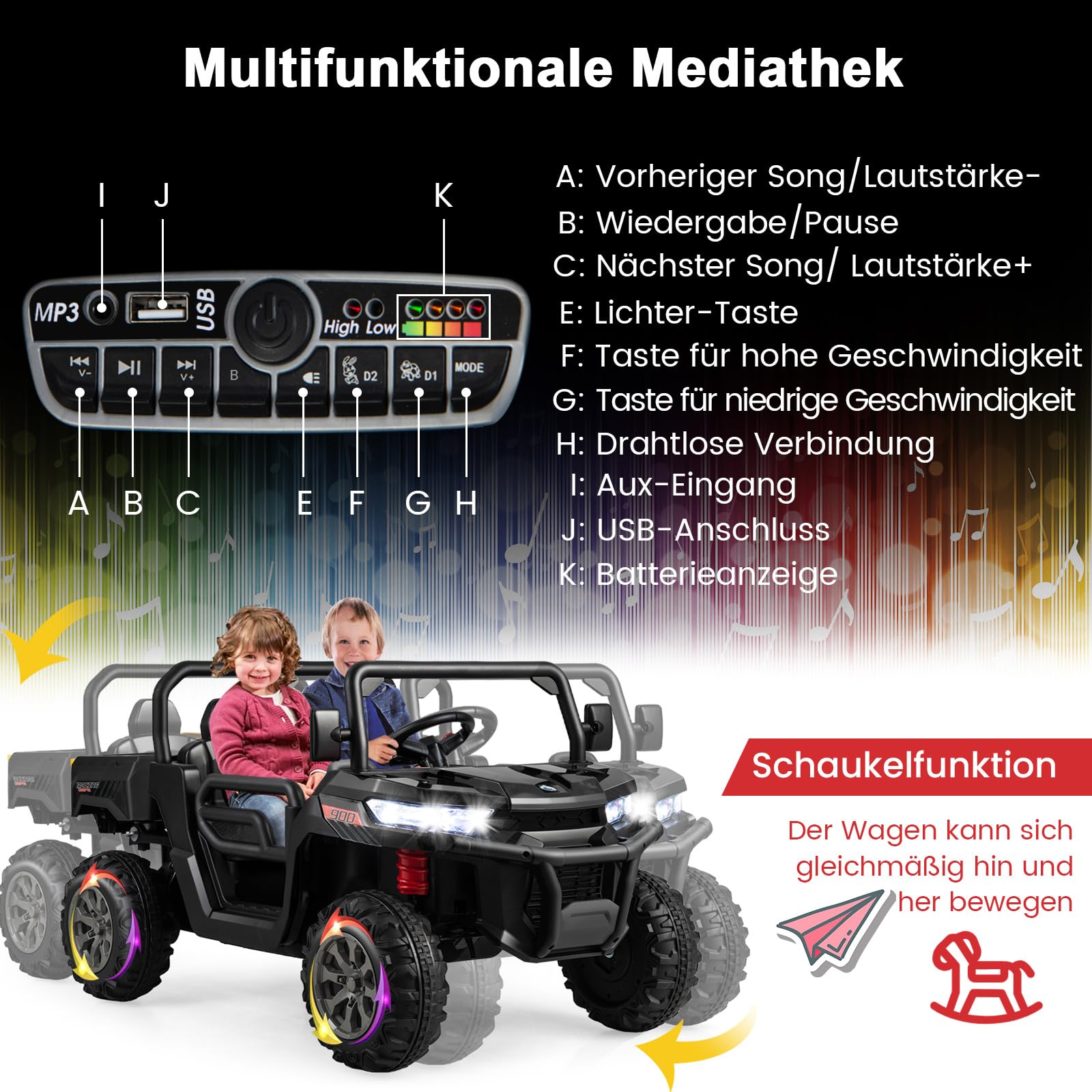 COSTWAY Voiture électrique 2 places avec mode balançoire et surface de chargement automatique, 12 V, pour enfant, avec musique, klaxons et phares, 3 à 8 km/h, avec pelle et télécommande 2,4 GHz, noire