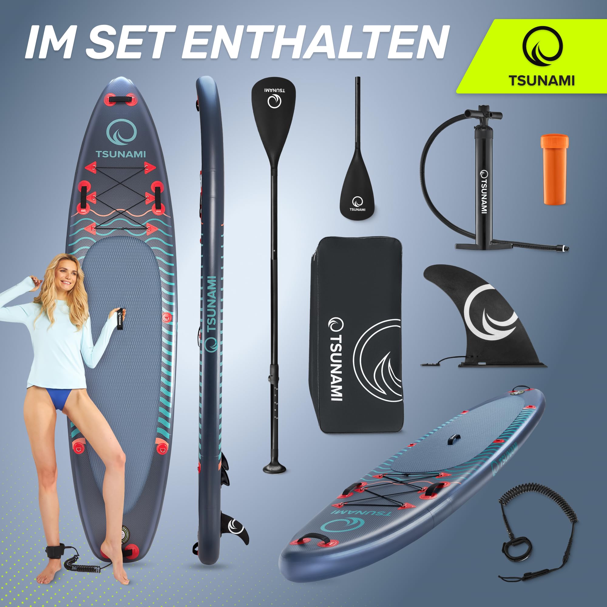 TSUNAMI Stand Up Paddling Board Model T, SUP-Board mit Komplettes Zubehör, Board-Tasche, Pumpe und Sicherheitsleine, Tragkraft bis 150kg, Länge 350 cm, für Erwachsene und Jugendliche Aller Niveaus