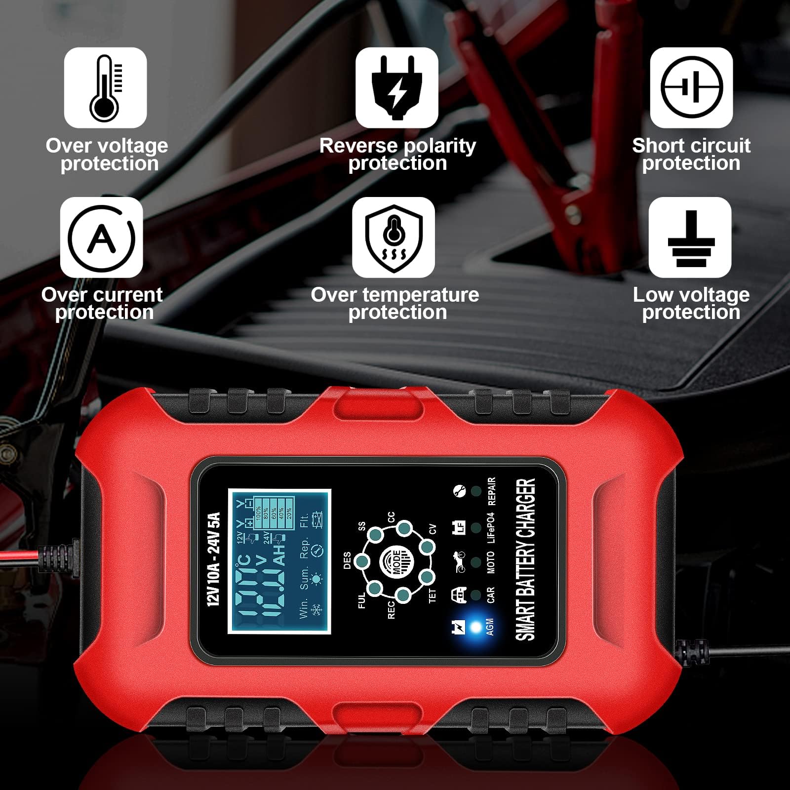 Chargeur De Batterie 12V 10A YDBAO - Intelligent Avec Écran LCD - 6 Modes Pour Voiture, Moto, AGM, GEL, LiFePO4