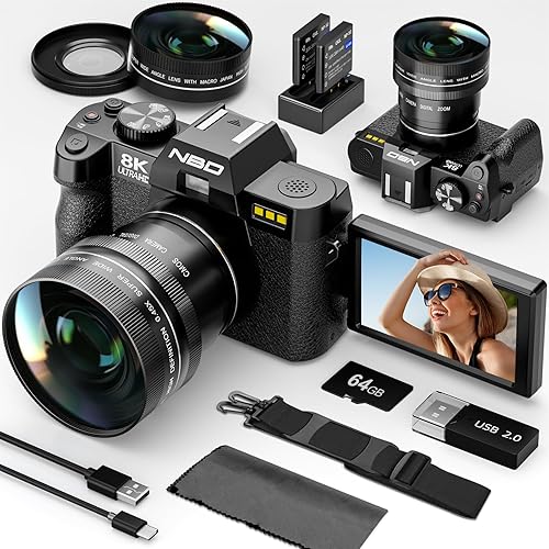 NBD 8K Digital Cameras for Photography,64MP Camara Fotograficas,Travel Vlogging Cameras for YouTube with 180°Flip Screen,16X Digital Zoom,52mm Macro Lens,2 Batteries,64GB TF Card(Black)