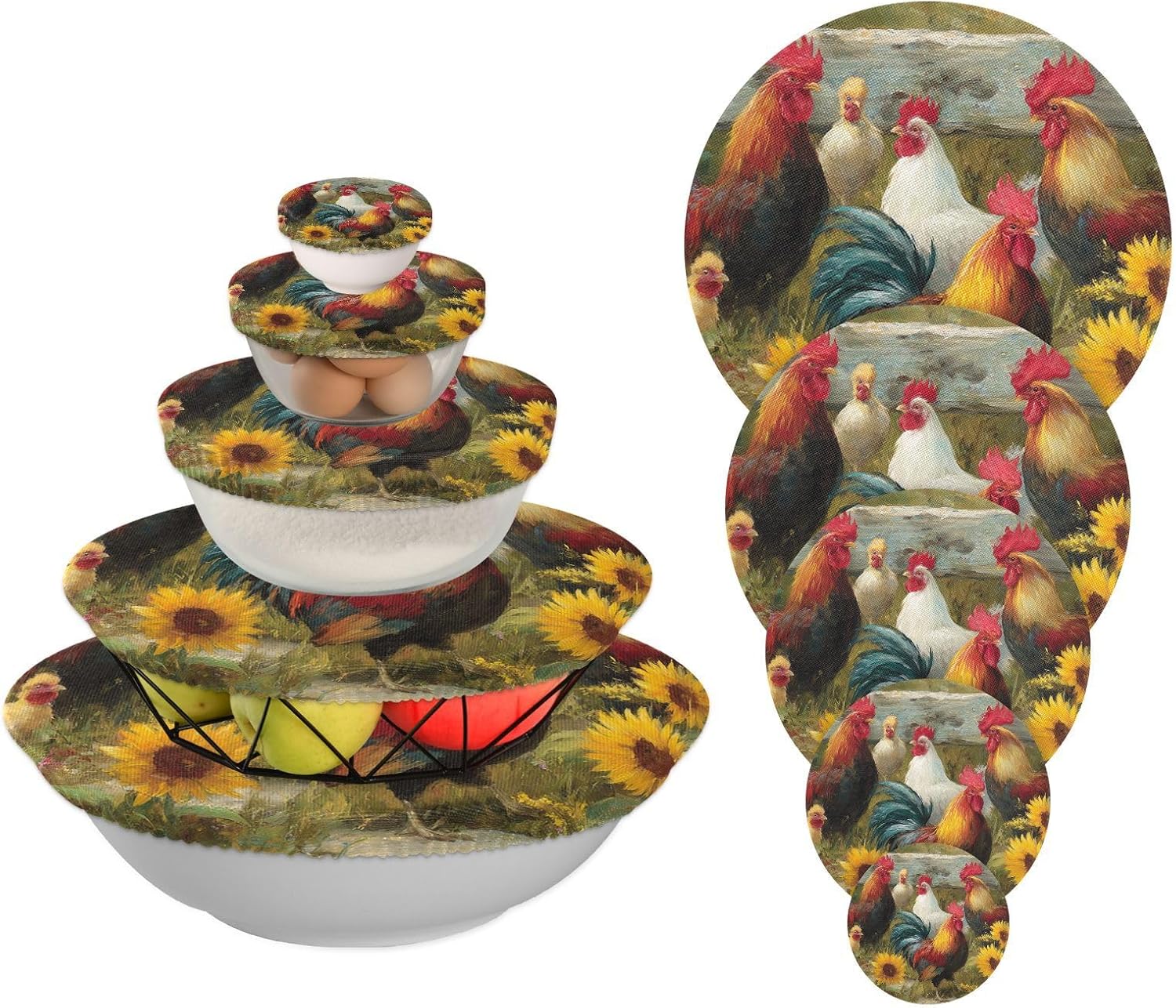 5 Pcs Reusable Bowl Covers Elastic Cloth Fabric Bowl Dish Cover 5 Sizes Food Storage Cover for Kitchen Fruits Dough Leftovers Bread Proofing Roosters Vintage Sunflower36