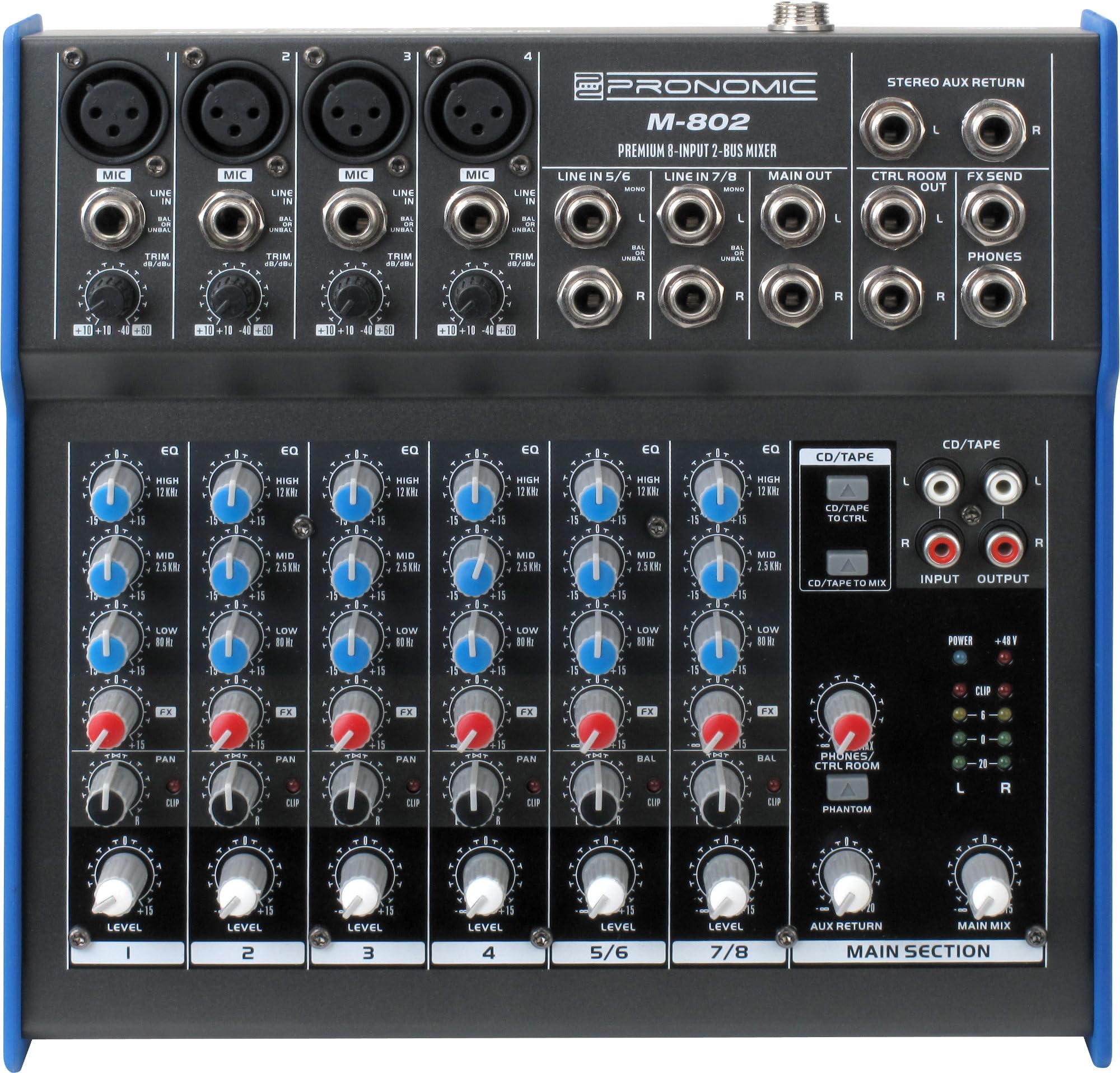 Pronomic M-802 Mesa De Mezclas, EQ de 3 bandas (Bass 80Hz/Mid 2, 3 mm jack | 4 canales mono con entrada XLR/jack (bal/unbal), 2 canales estéreo con entradas jack (bal/unbal), FX-Send (post) por canal