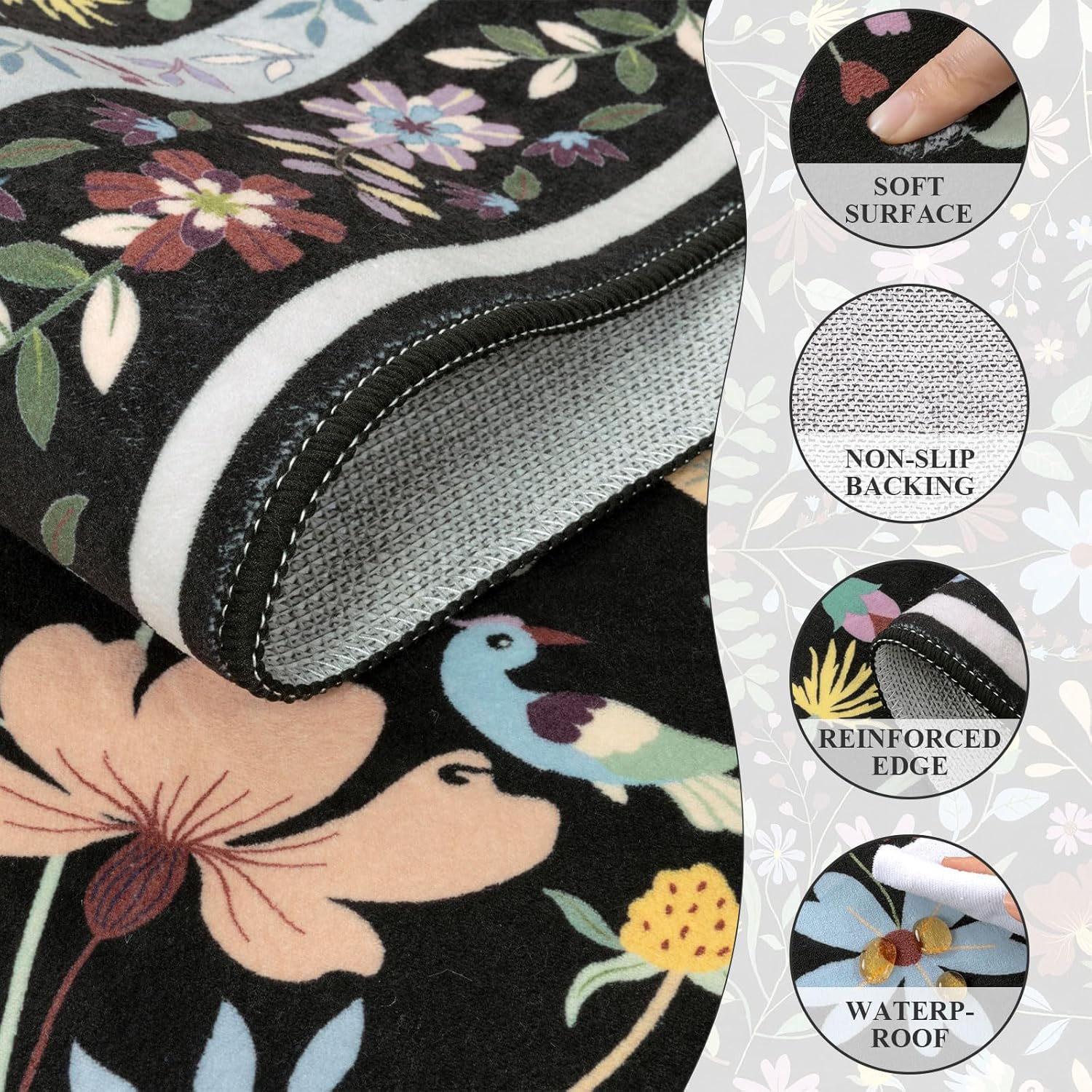 SHACOS 4x6 Boho Area Rugs for Living Room, Machine Washable Floral Carpet for Bedroom Non Slip Soft Nursery Rugs for Kids Room Dining Room Entryway Indoor, Black