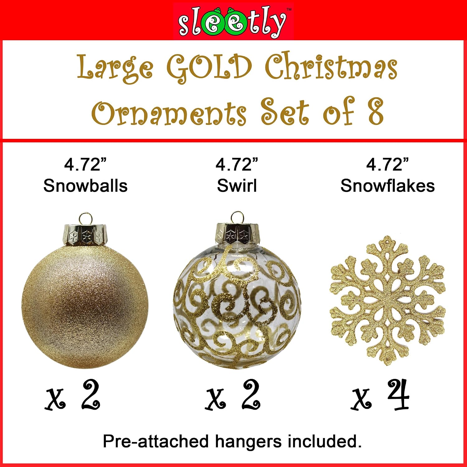 Gold Christmas Ball Tree Ornaments Set, Shimmer & Swirl, Large | Big Gold Tree Ornaments, Shatterproof Xmas Decorations, Glitter Snowball & Swirl, Bulbs & Snowflakes, 4.72in, 8-Piece Set