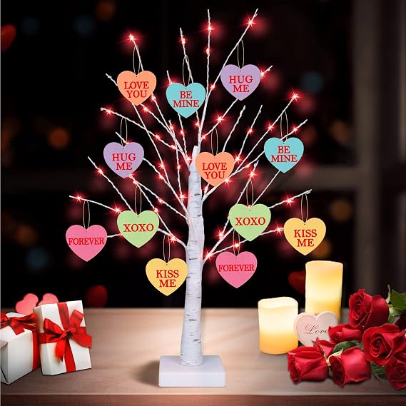[Timer] Valentines Day Decoration 24 Inch Valentines Decor Tree Light with 12 Heart Ornaments, USB/Battery Operated Valentines Day Decor Lighted Tree, Valentines Day Decorations for Home Table Bedroom