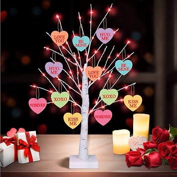 [Timer] Valentines Day Decoration 24 Inch Valentines Decor Tree Light with 12 Heart Ornaments, USB/Battery Operated Valentines Day Decor Lighted Tree, Valentines Day Decorations for Home Table Bedroom