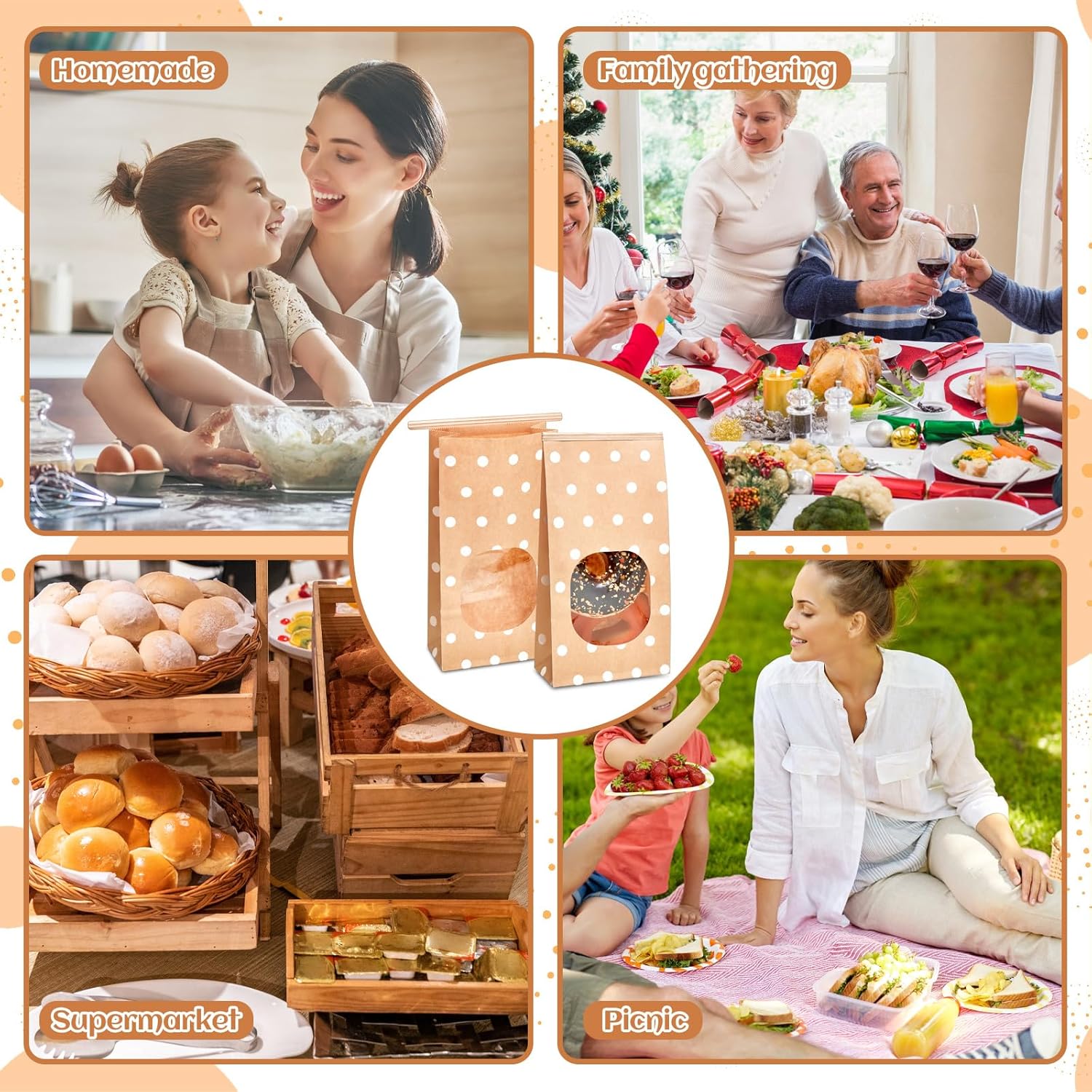 Chuangdi 200 Pieces 4.5 x 2.36 x 9.6 Inch Bakery Bags with Window Brown Paper Cookie Treat Bags Tin Tie Tab Lock with 500 Pcs Handmade Love Sticker for Bakery Cookie Snack Candy