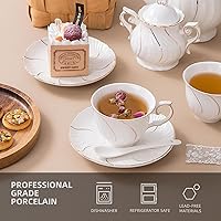 Vista 2 de Juego de té de porcelana de 21 piezas con juego de 6 tazas de té y platillos con azúcar y crema y tetera, juego de tetera para adultos, fiesta de té