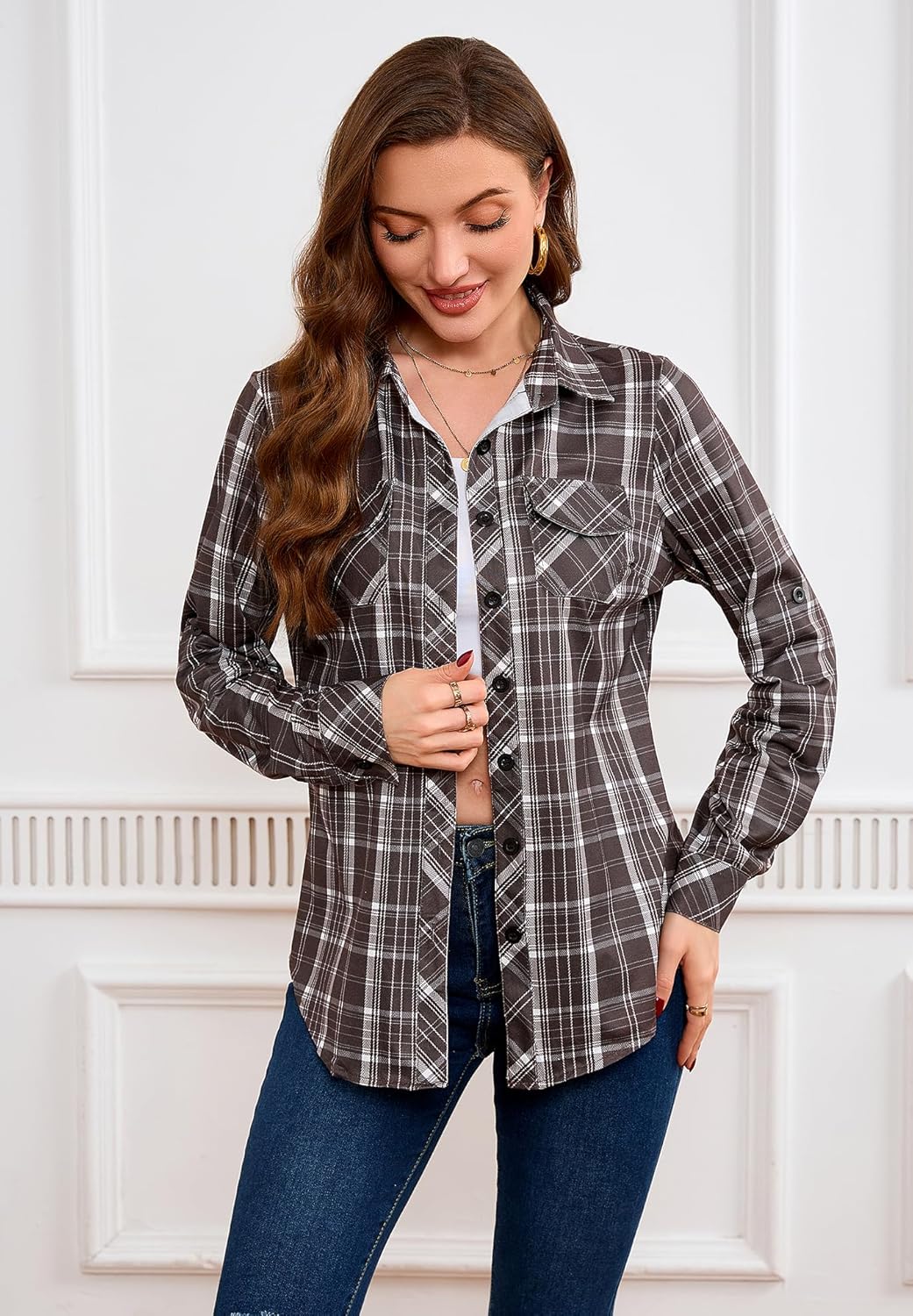 KOMANA Women's Roll Up Stretchy Knit Plaid Shirts Button Down Long Sleeve Blouses for Women Tops - Image 2