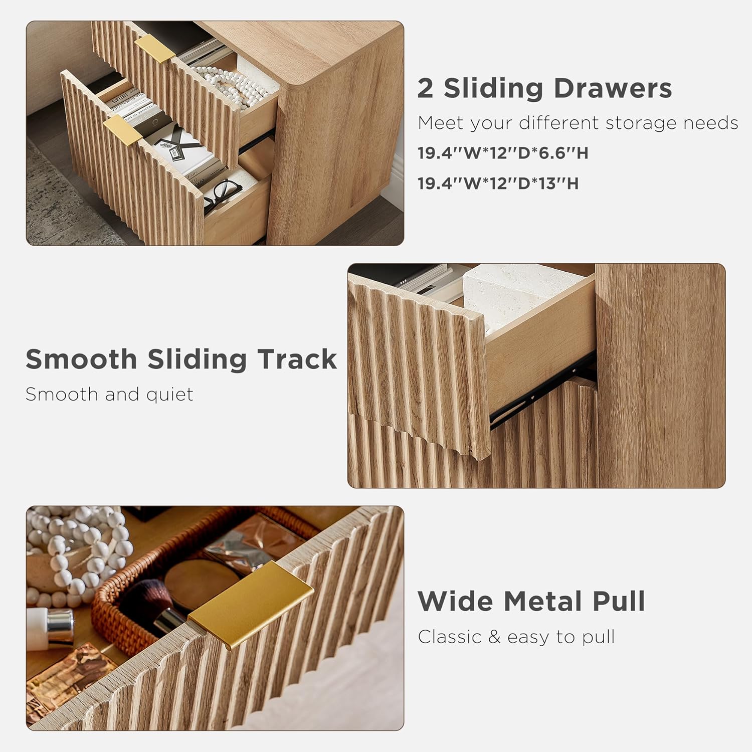 T4TREAM 23'' Fluted Nightstand with Charging Station, Large 2 Drawer Bedside Table, Modern End Table with Storage, Mid Century Night Stand for Bedroom, Living Room, Curved Profile, Natural Oak - Image 7