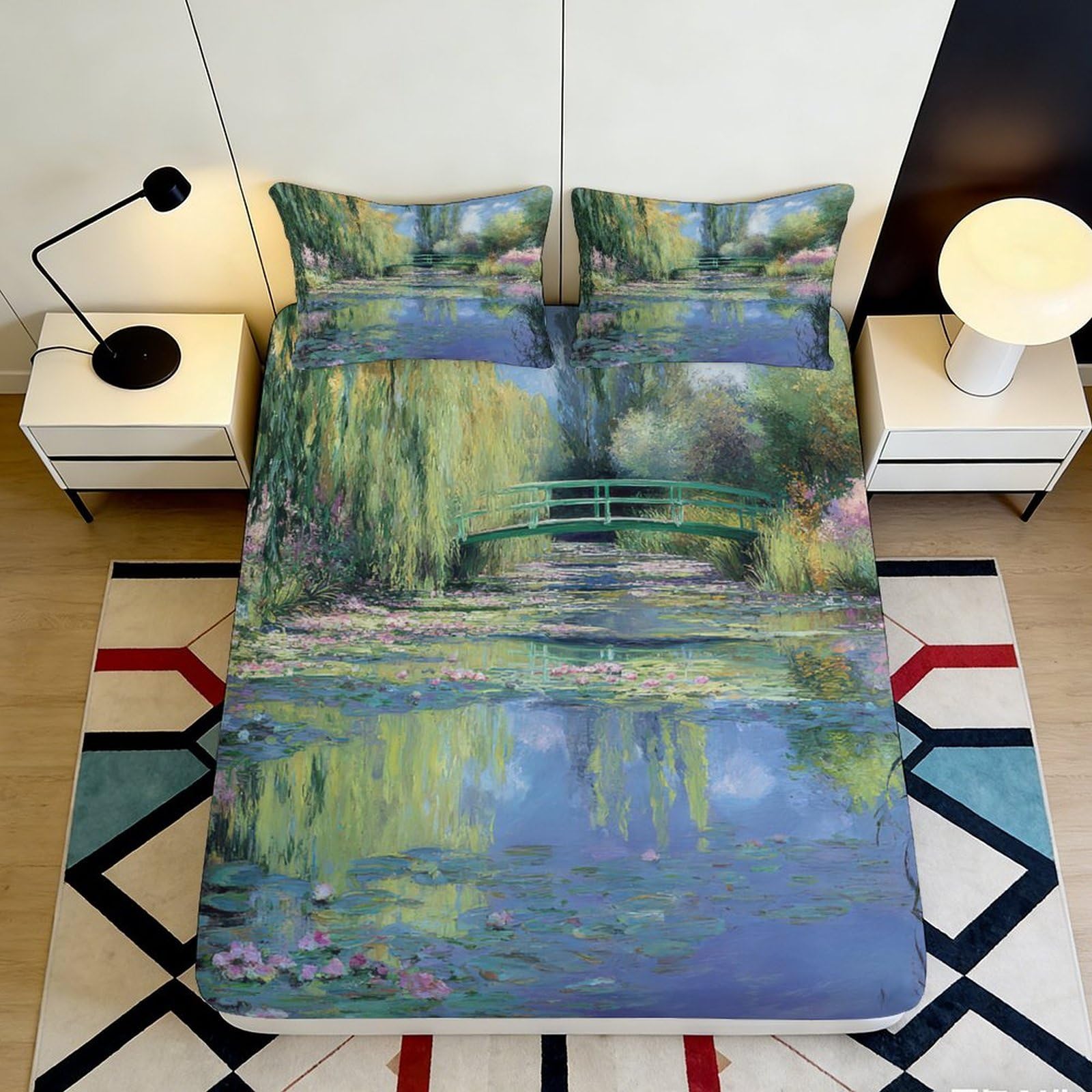 Artistic green landscape fitted sheet, 3D Printed, soft touch microfiber, stylish room accent, apartment bedding, protects mattress 180x200x25cm