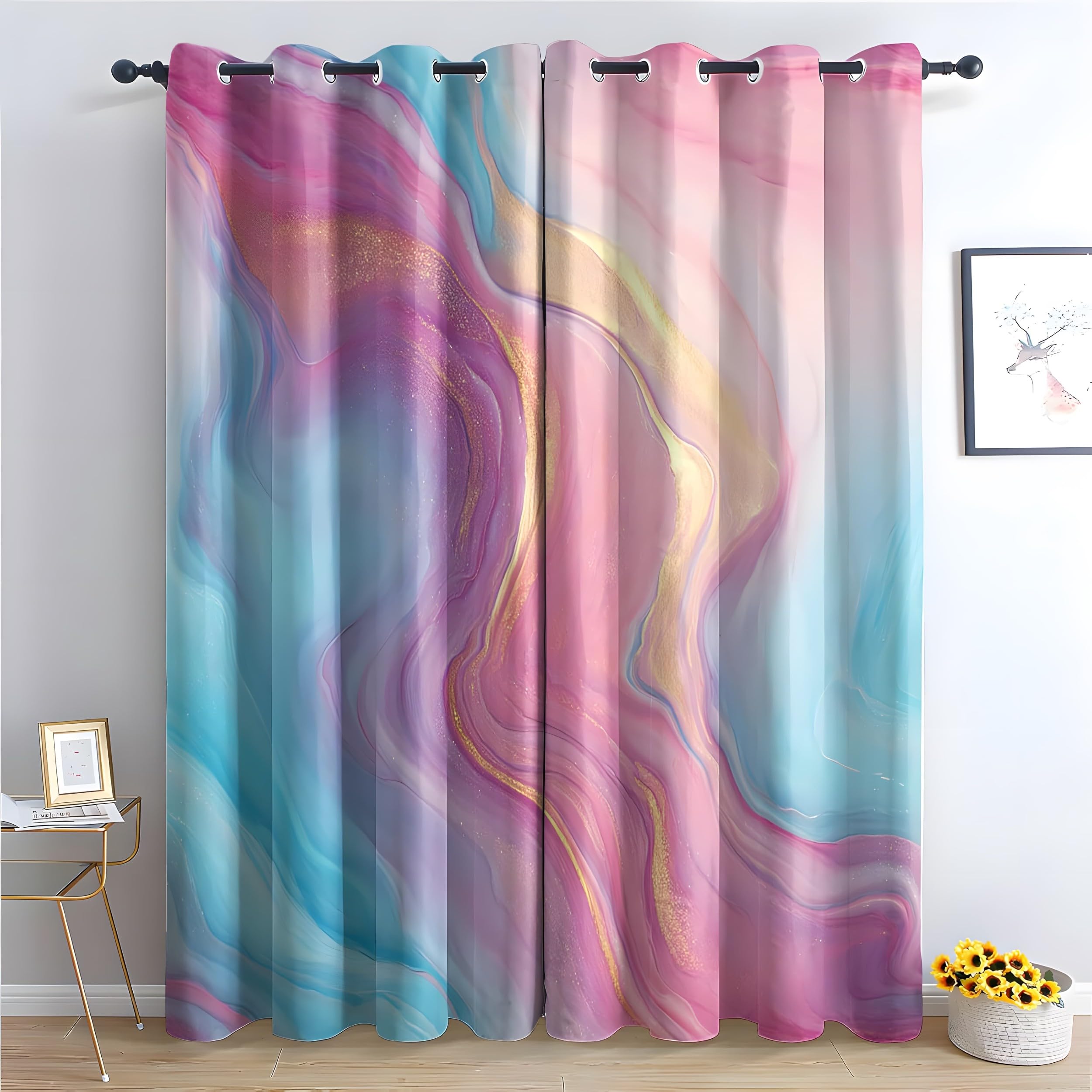 YZQGLHP Abstract Marble Texture Curtains, W 66" x L 90" (168 x 228 cm), Purple and Blue Blackout and Heat-Insulating Curtains, Curtain 2 Pieces in a Pack, Suitable for Bedrooms and Living Rooms