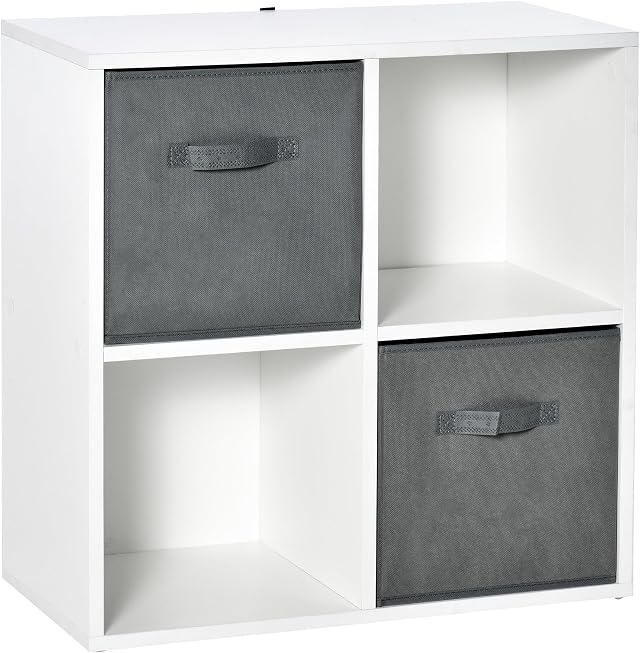 HOMCOM Estantería para Libros 4 Cubos 61,5x30x61,5 cm Blanco y Gris | Librería Modular, 2 Cajones Extraíbles Tela no Tejida, Oficina Estudio Dormitorio