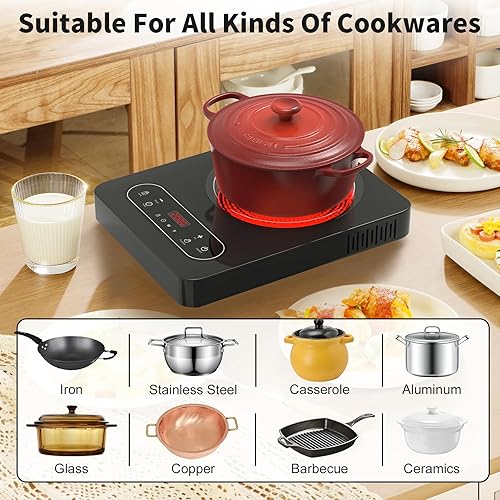 Miniatura 6 de VBGK Cocina eléctrica de un solo quemador, estufa eléctrica de 110 V 1800 W con control táctil LED, 10 niveles de potencia, 4 horas, bloqueo de