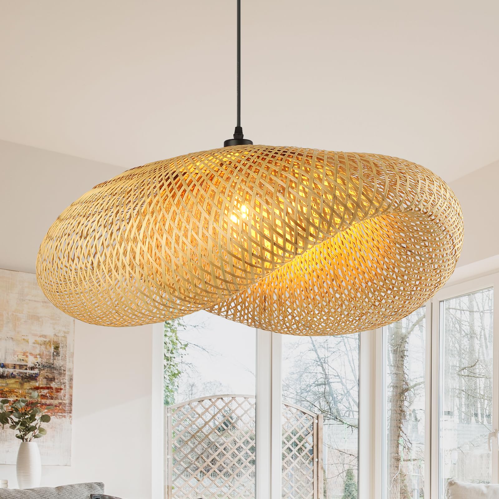 Retro Lampara Techo Colgante RatáN, 80 Cm Boho Lampara De Techo Sombrero Tejido A Mano Creatividad Lampara De Techo Colgante Para Restaurante SalóN De Té Dormitorio Sala De Estar Café,E27