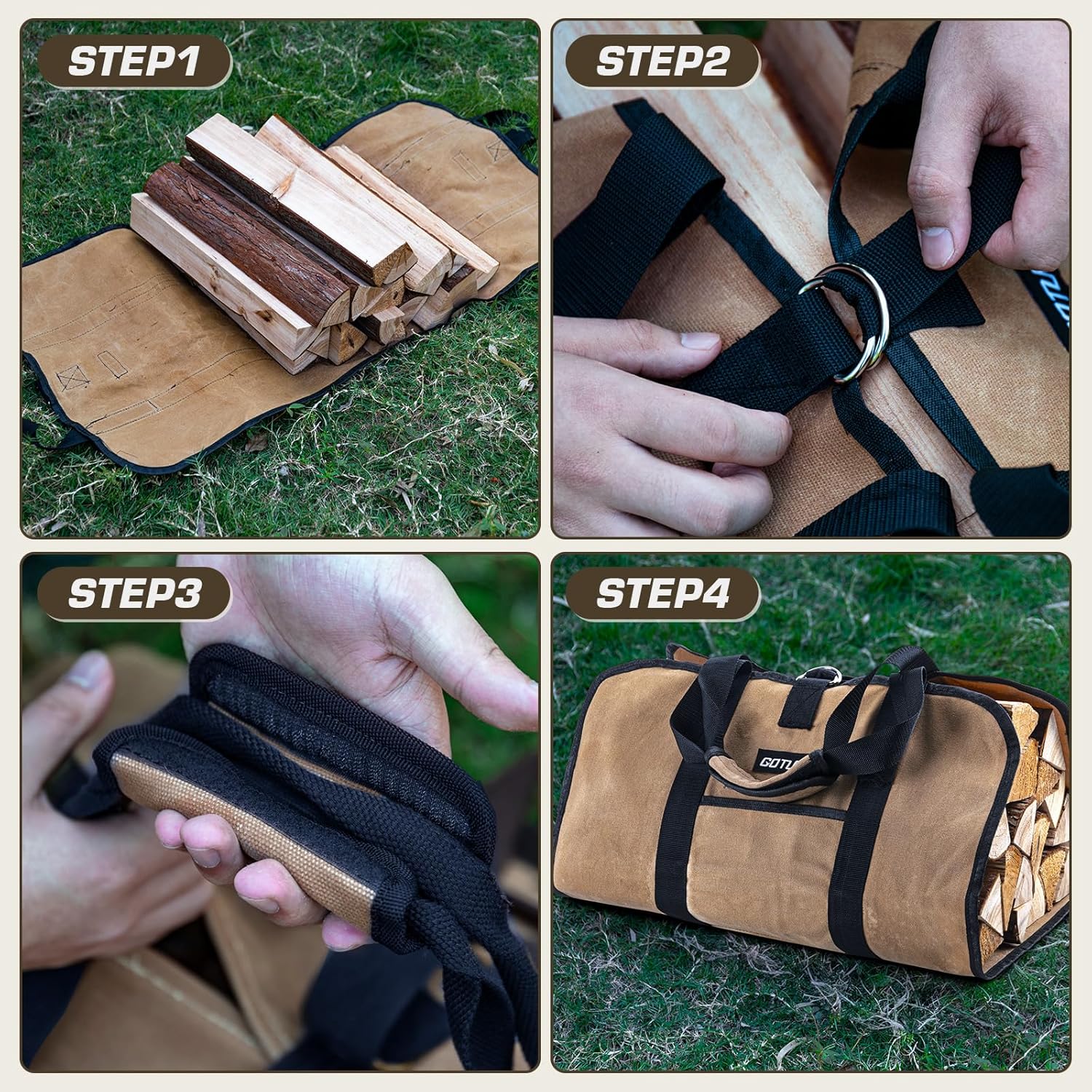 Goture 16oz Waxed Canvas 38.5×18 inch Firewood Carrier Heavy Duty Log Carrier Large Firewood Bag with Open-Side Firewood Storage Tote for Camping Indoor Black - Image 6