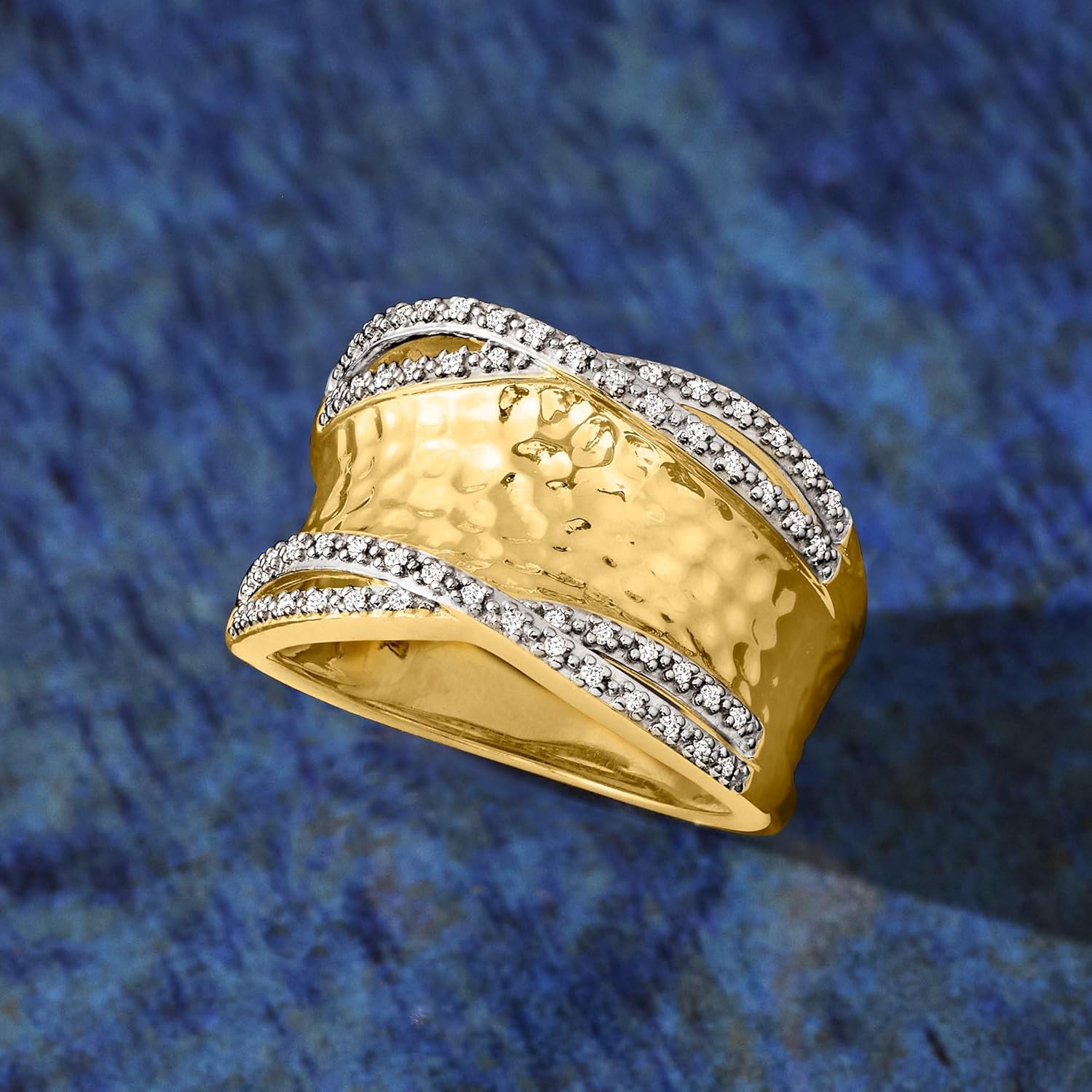 Ross-Simons 0.13 ct. t.w. Diamond Hammered Ring in 18kt Gold Over Sterling. Size 10