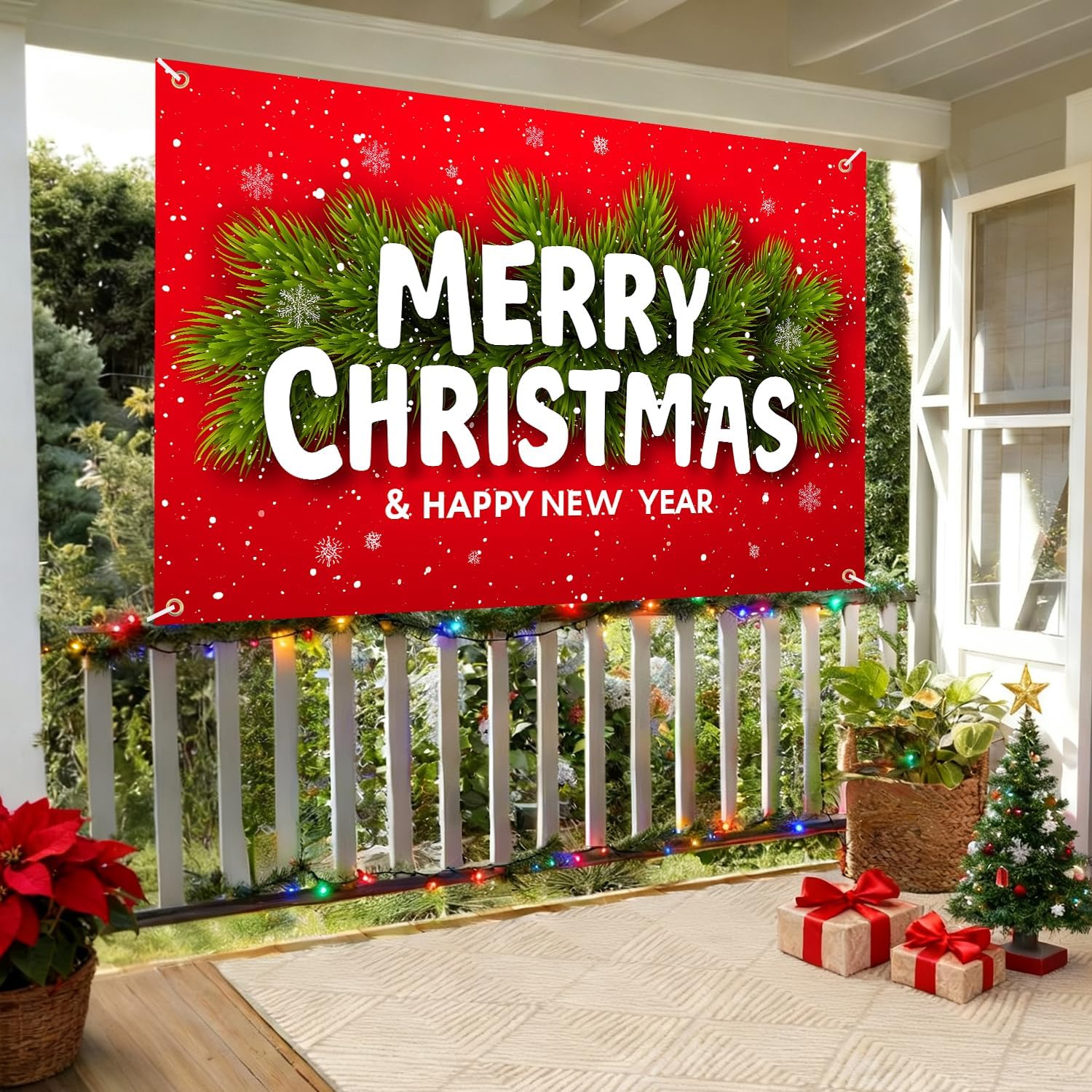 Merry Christmas Banner 71x43 Inch, Large Christmas Backdrop for Outdoor Indoor Decorations, Holiday Yard Fence Wall Banner with Snowflakes and Pine Garland