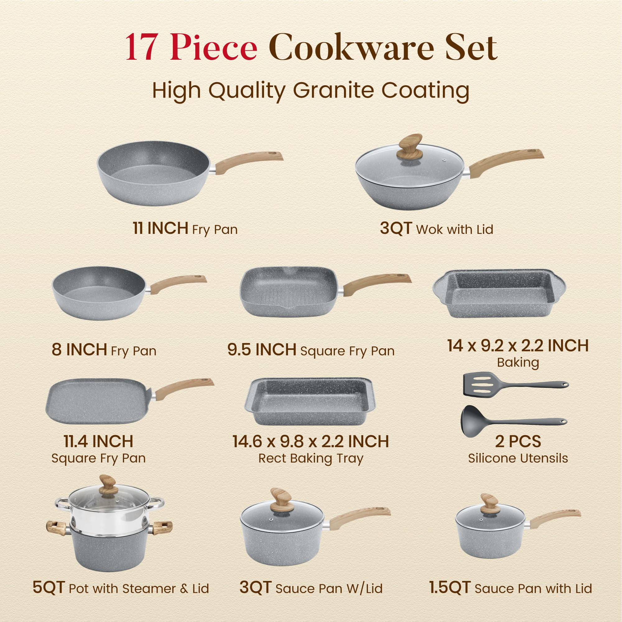 Kitchen Academy 17-teilige Induktions Töpfe Set, Granit Topf und Pfannenset | Antihaft Kochtopf Kochgeschirr Set für Induktion, Gas, Elektroherd, ungiftig, PFOA und PFOS-frei, Leicht zu reinigen