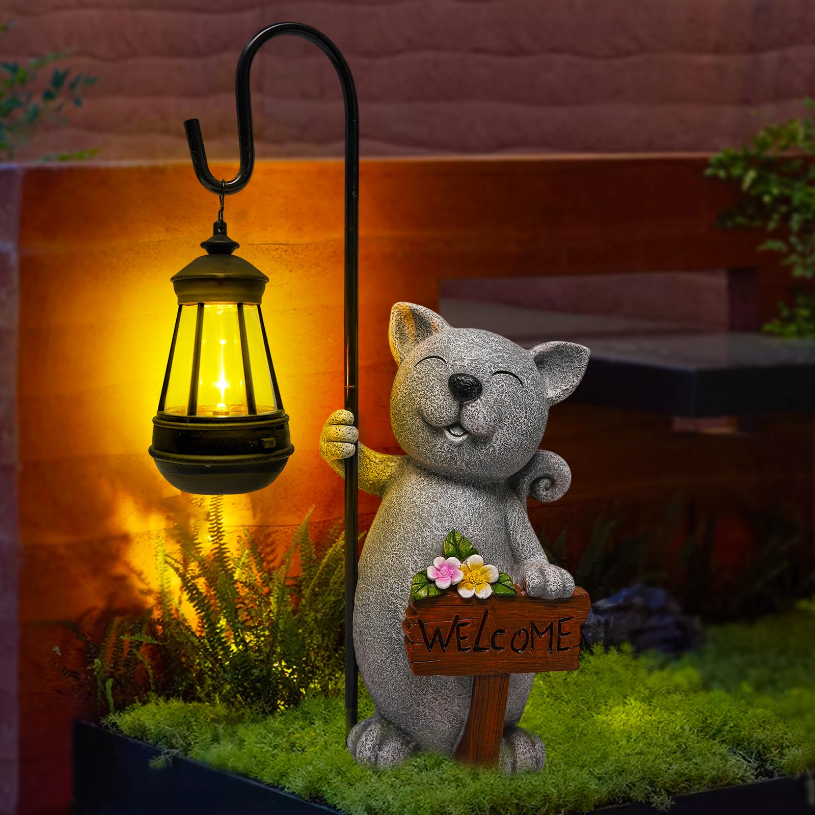 HDNICEZM Solar Cat Outdoor Statues for Garden Solar Lantern Resin Statue for Outside Balcony Garden Decor Gift for Grandma Women 18 * 5.58 * 9 inch (Gray Lantern Cat)