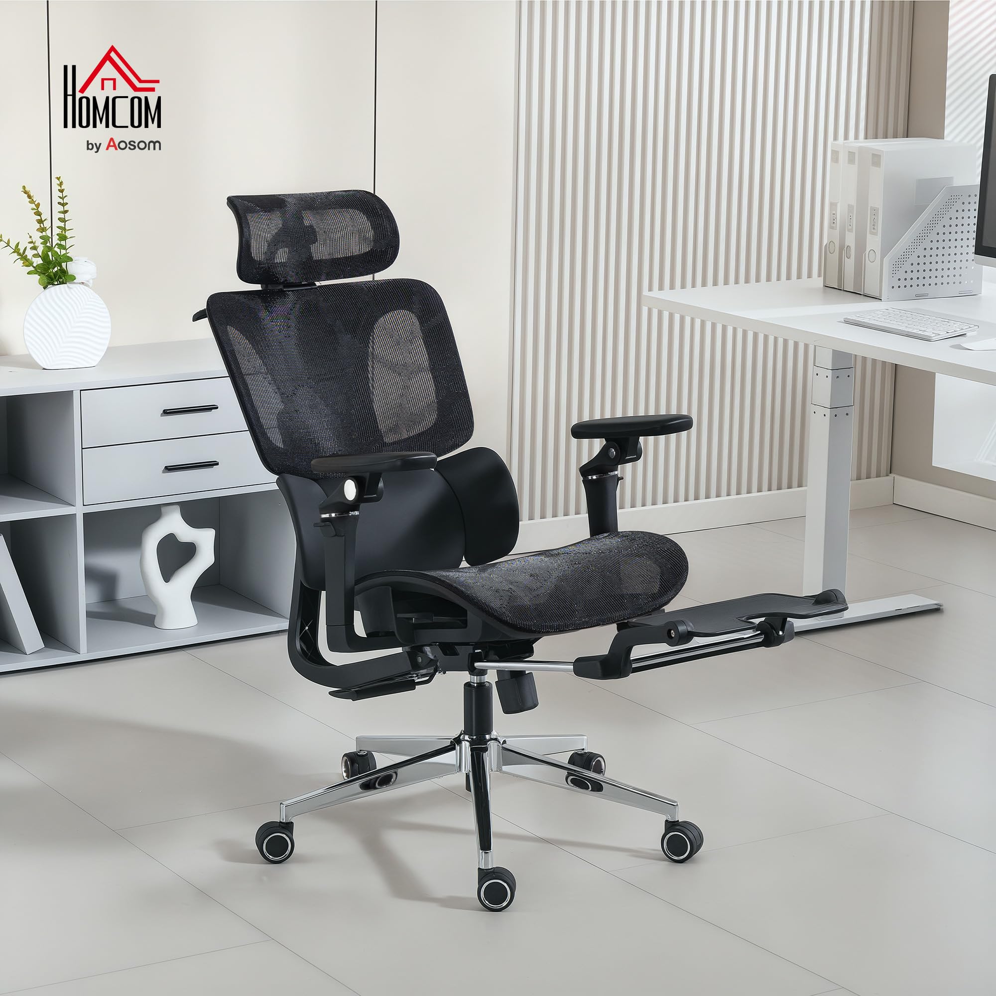 HOMCOM Chaise Bureau Ergonomique en Maille Inclinable Accoudoirs 6D Noir