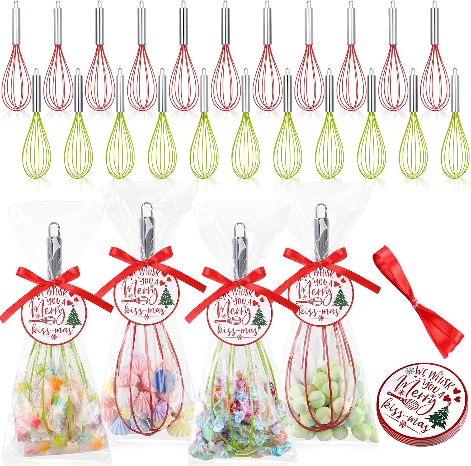 FoldTier 36 Sets 12 Inch Christmas Whisks Gifts DIY Fillable Christmas Tree Ornaments Xmas Colored Silicone Whisks for Cooking Heat Resistant Egg Beaters with Card Rope Bag for Candy Holder