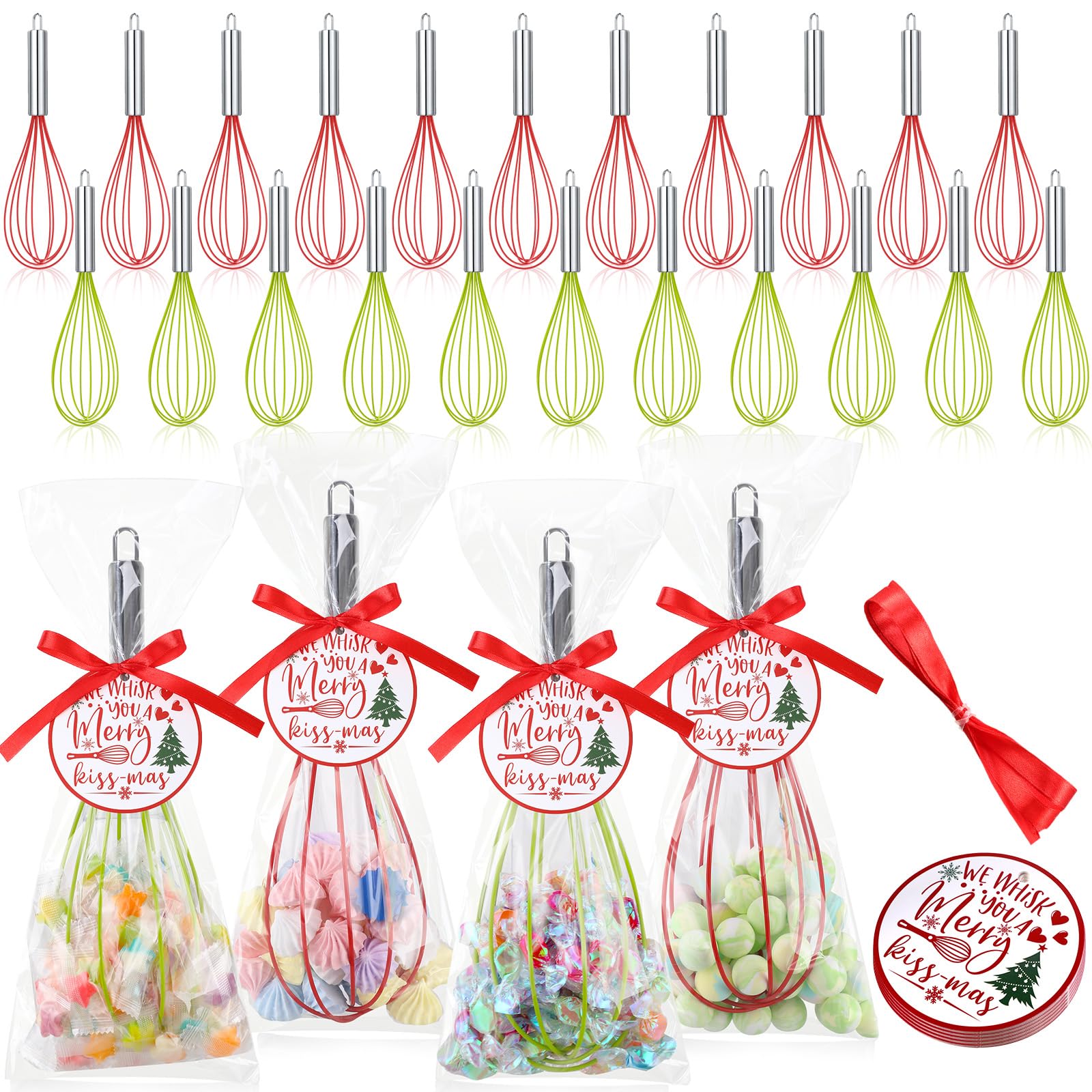 FoldTier 36 Sets 12 Inch Christmas Whisks Gifts DIY Fillable Christmas Tree Ornaments Xmas Colored Silicone Whisks for Cooking Heat Resistant Egg Beaters with Card Rope Bag for Candy Holder