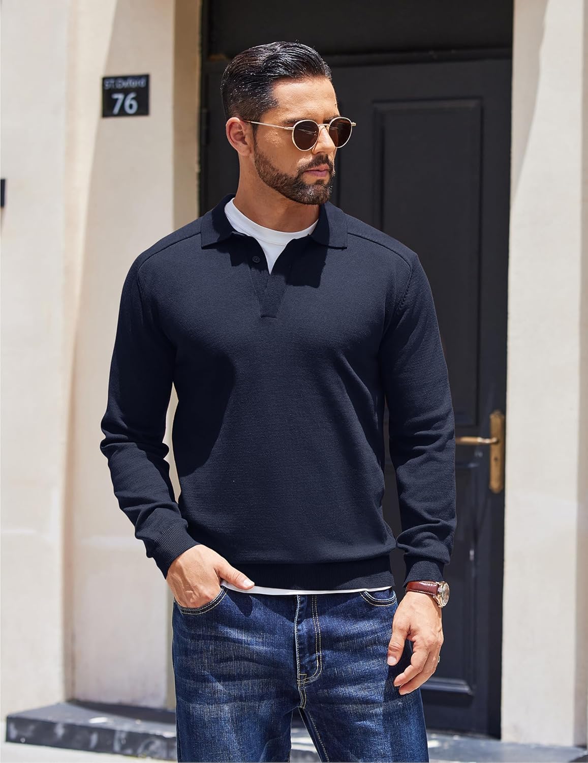 COOFANDY Mens Knit Polo Sweater Long Sleeve Polo Collared Sweaters Hidden Button Casual Pullover Sweater - Image 4