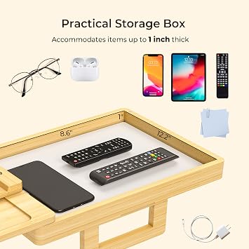 Wealone Bamboo Couch Arm Tray for Wide Couch, Sofa Arm Clip Table with Storage Box, Couch Armrest Tray with 360°Rotating Phone Holder, Sofa Arm Table Clip for Eating, Drinks or Dining