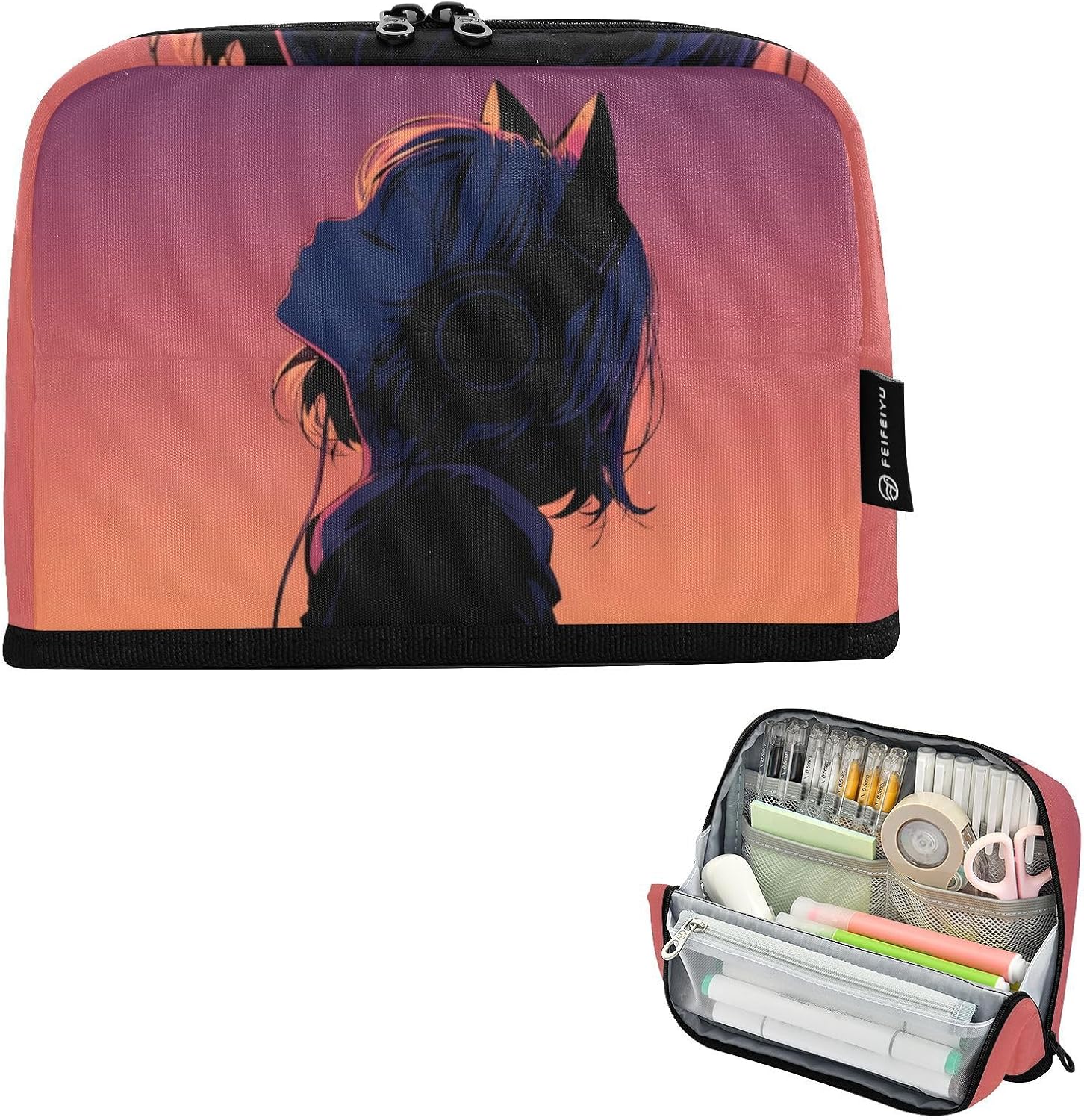 Anime Woman Silhouette Standing Pencil Case, Large Capacity Magnetic Flap Stable Pencil Pouch for Kids Adult Teens, Stationery Organizer Bag for School College Office Desk