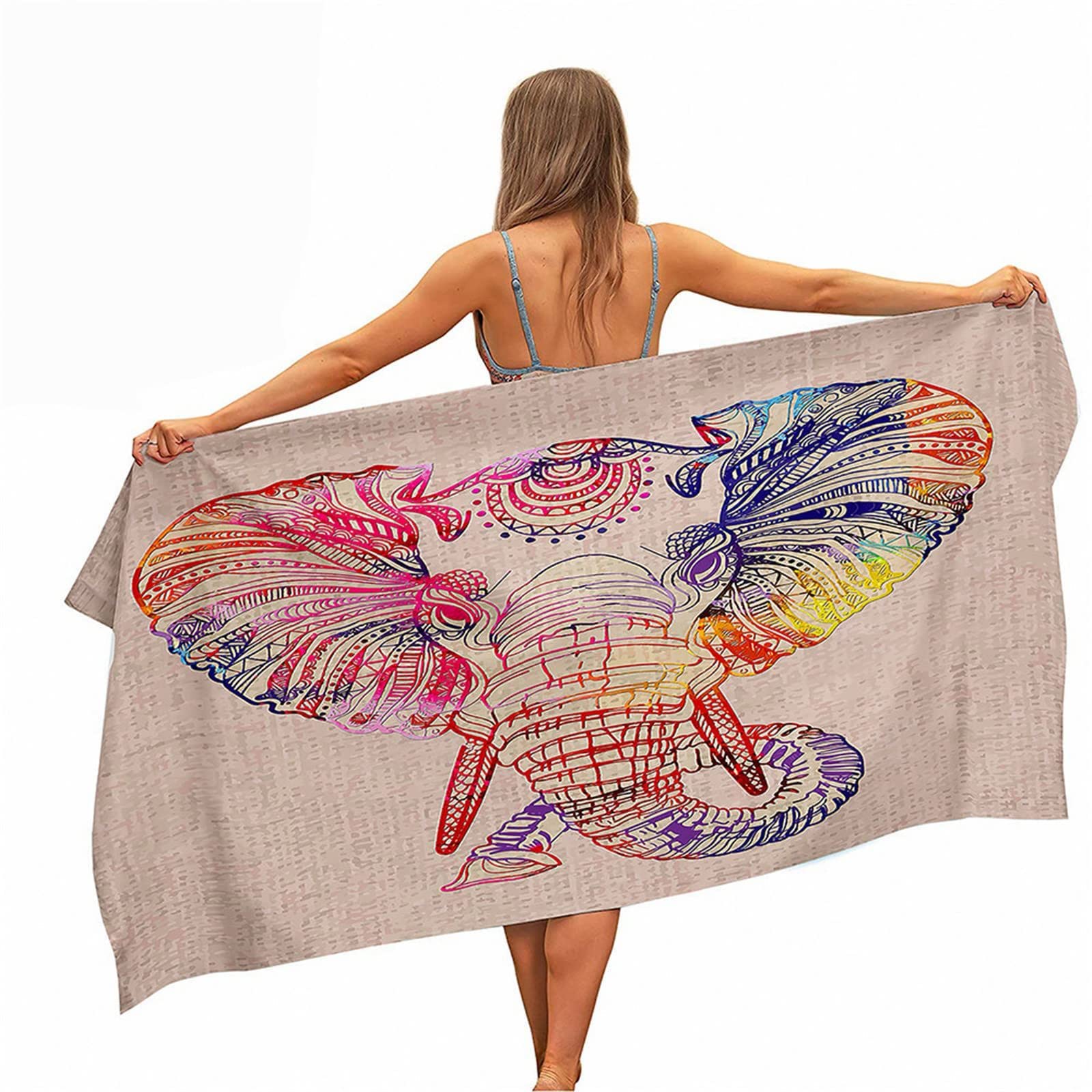 Rojo Grande Toalla de Playa Impresión 3D Patrón De Elefante De Líneas Coloridas Toalla de Playa Ultraligera y de Secado rápido para Deportes Toalla de baño para Mujeres y Hombres 100x200 cm,