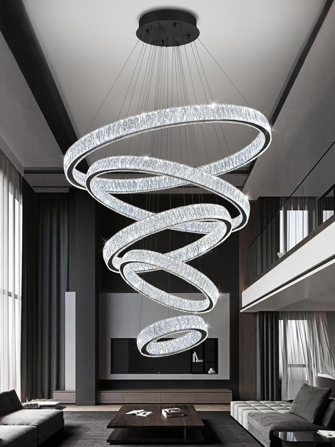 Modern 5 Ring Chandeliers for High Ceiling Foyer,Luxury Dimmable Crystal Ceiling Light Fixtures Staircase Entrance Villa Large Black Chandelier D8''+15.7"+23.6"+31.5"+39.4"