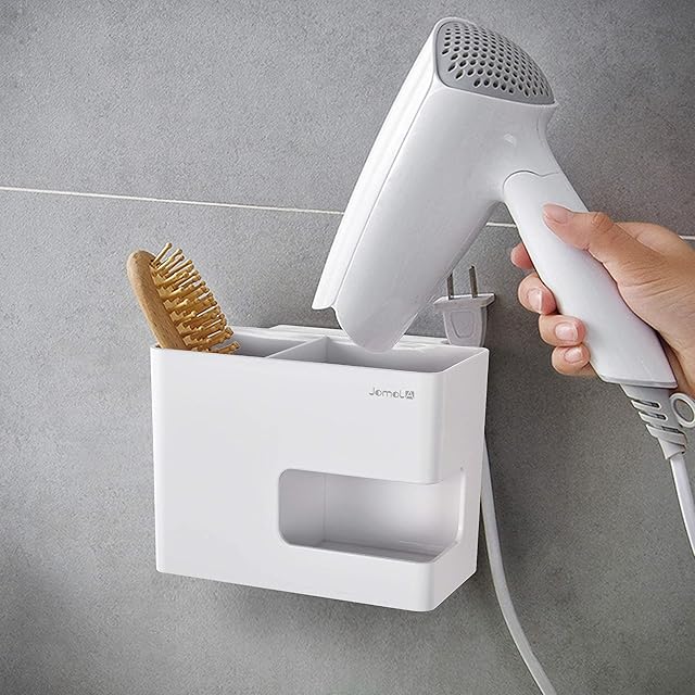 JOMOLA Hair Dryer Holder Rack Wall Mounted Adhesive Styling Tool Organiser Storage for Blow Dryer Storage Basket for Kitchen-White